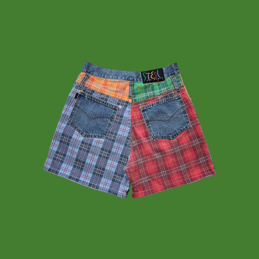 Vintage 1990s Steel Jeans Bright Plaid Patchwork Shorts, Size 9